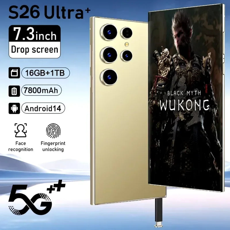 S26 ultra 2025 novo smartphone 5g 7.3 ''de alta definição android 14 snapdragon 8gen3 10core duplo sim telefone 7800mah desbloqueio telefone