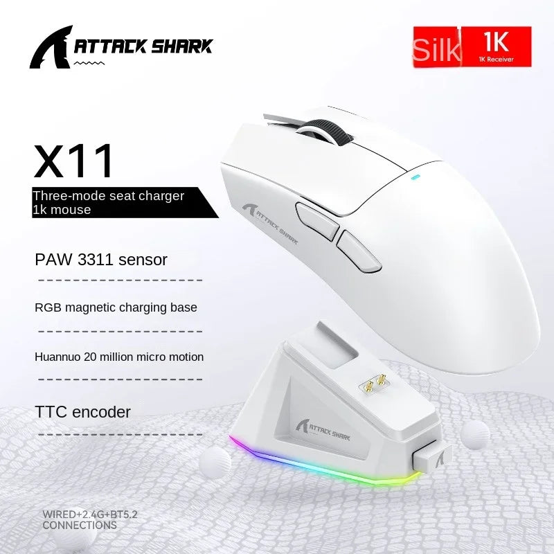 Mouse Bluetooth preto Attack Shark X11 PAW3311, conectividade de modo triplo, doca de carregamento magnética sensível ao toque, mouse para jogos ultraleve