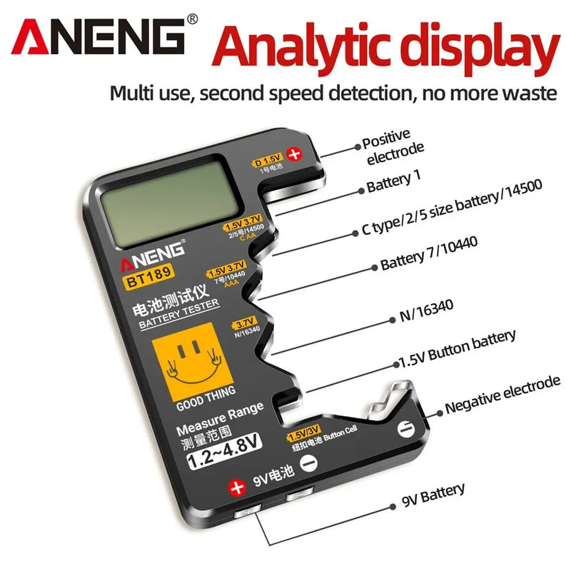 Aneng bt189 testador de bateria de célula de botão 9v n d c aa aaa universal doméstico display lcd testador de bateria detectores de banco de potência ferramentas