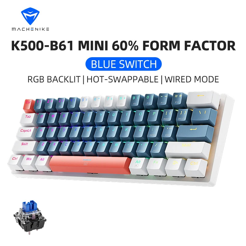 Machenike K500-B61 Mini Teclado Mecânico Formato 60% com Fio, Teclas Removíveis, Retroiluminação RGB, 61 Teclas para Jogos.