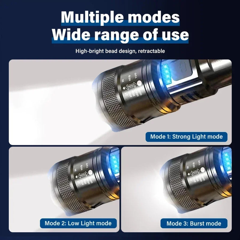 Lanternas led de alta potência, 2000lm, tocha tática com luz de exibição, carregamento usb, acampamento, pesca, lanterna com zoom de emergência