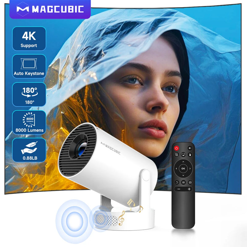 Magcubic 4K HY300 Pro + Projetor Construído em 5W Alto-falante 1280*720P Android 11 8000 Lumens Wifi6 BT5.4 Projetor Portátil ao ar livre
