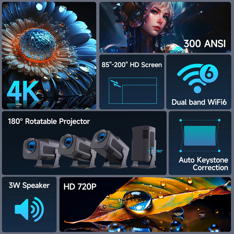 Magcubic HY320 Mini Projetor Recentemente Nativo 720P Android 11 4K 300ANSI Wifi6 BT5.0 Cinema Ao Ar Livre Portátil 180 °   Projetor giratório