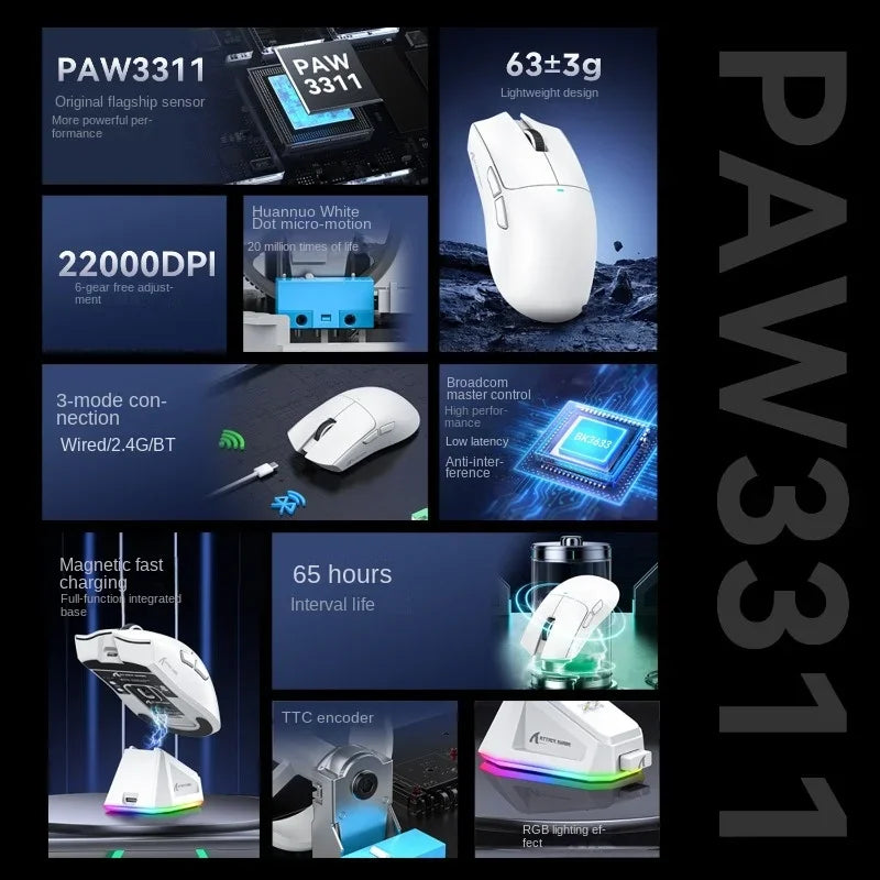 Mouse Bluetooth preto Attack Shark X11 PAW3311, conectividade de modo triplo, doca de carregamento magnética sensível ao toque, mouse para jogos ultraleve