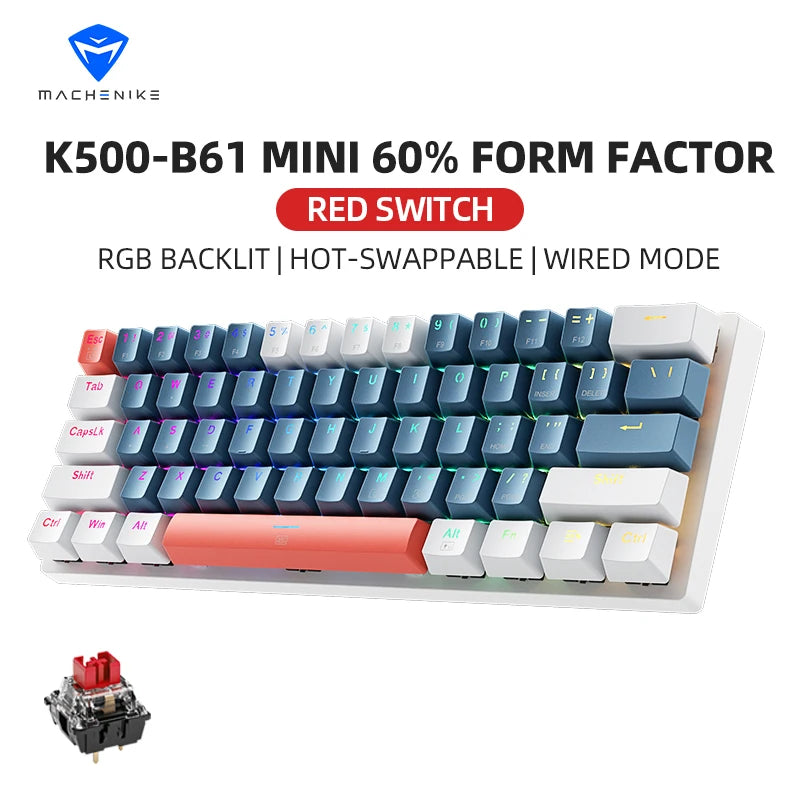 Machenike K500-B61 Mini Teclado Mecânico Formato 60% com Fio, Teclas Removíveis, Retroiluminação RGB, 61 Teclas para Jogos.