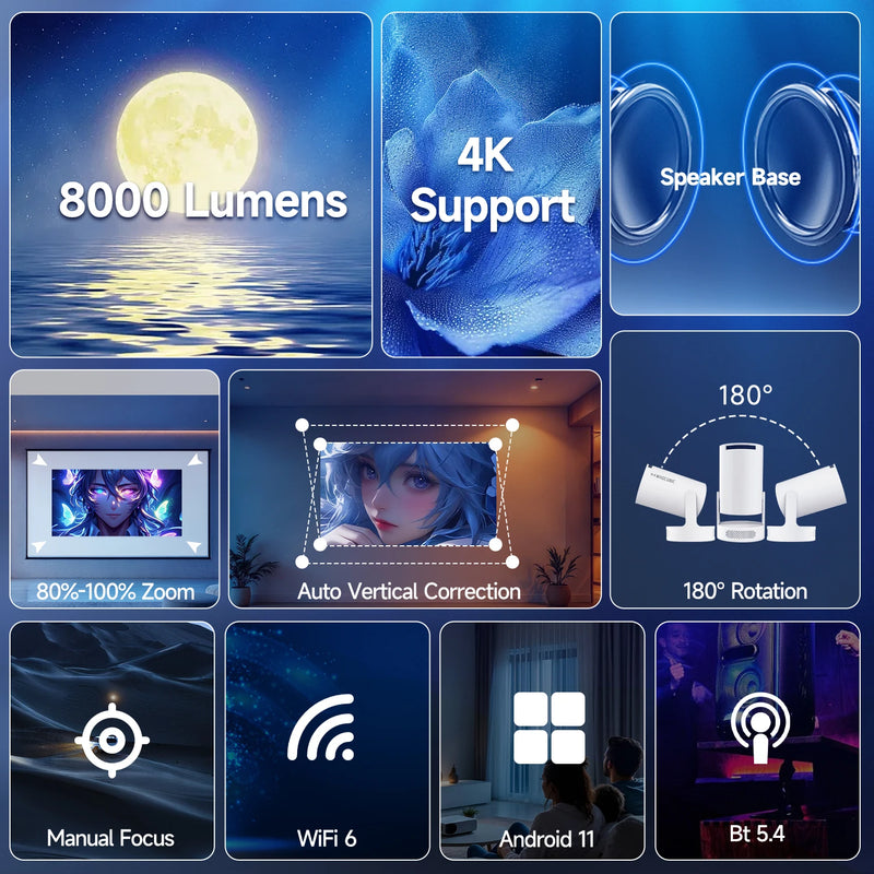 Magcubic 4K HY300 Pro + Projetor Construído em 5W Alto-falante 1280*720P Android 11 8000 Lumens Wifi6 BT5.4 Projetor Portátil ao ar livre