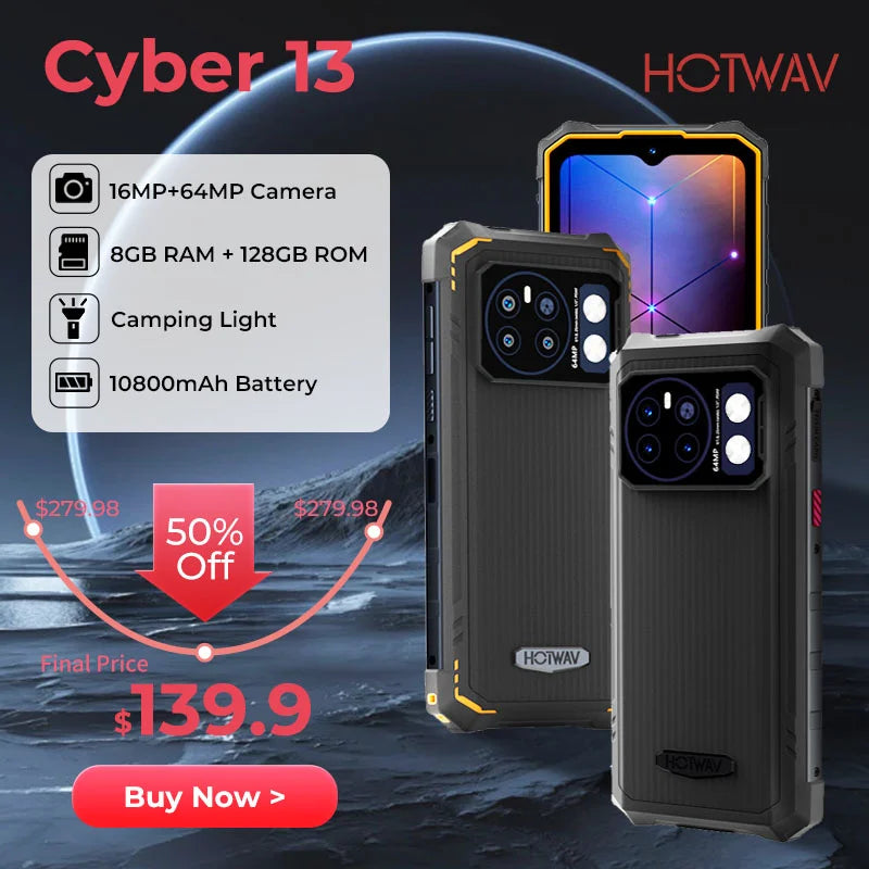 Novo smartphone hotwav cyber 13 android 14 8gb + 128gb 10800mah smartphone 16mp + 64mp câmera luz de acampamento 6.6 "hd nfc celulares