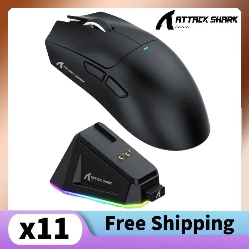 Mouse Bluetooth preto Attack Shark X11 PAW3311, conectividade de modo triplo, doca de carregamento magnética sensível ao toque, mouse para jogos ultraleve