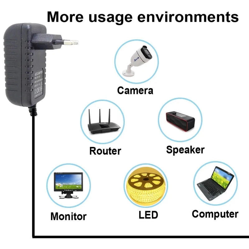 Adaptador de Alimentação Universal para Câmera, Entrada AC 100-240V, Carregador de Saída DC, 12V, UE, EUA, Plug, DVR, LED, Robô, LED