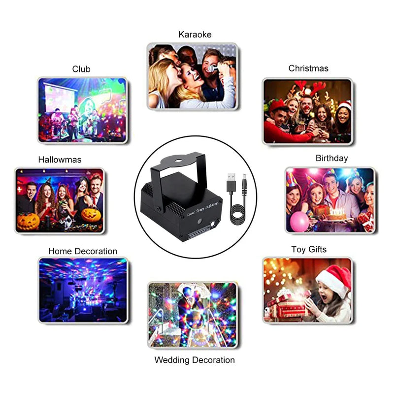 Portátil mini 2in1 led luz de palco dj discoteca luz projetor luzes laser som ativado flash luz para festa de casamento natal