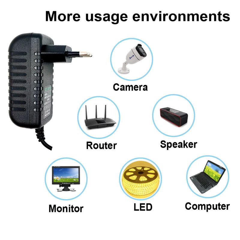 Adaptador de Alimentação Universal para Câmera, Entrada AC 100-240V, Carregador de Saída DC, 12V, UE, EUA, Plug, DVR, LED, Robô, LED