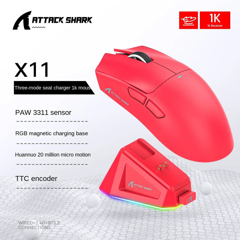 Mouse Bluetooth preto Attack Shark X11 PAW3311, conectividade de modo triplo, doca de carregamento magnética sensível ao toque, mouse para jogos ultraleve